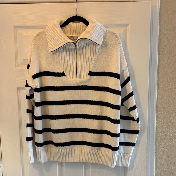 Zara Sweaters - Zara Cream and Black Striped Zip-Front Knit Sweater